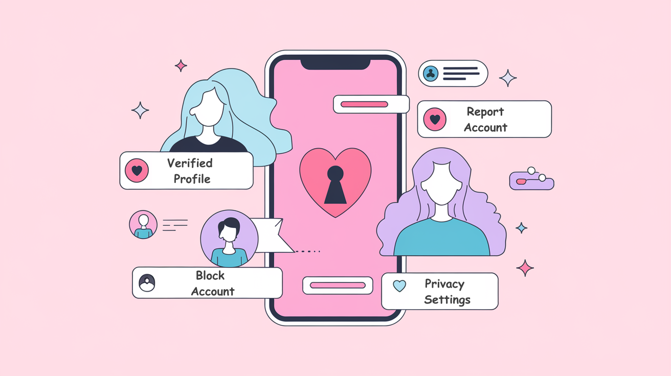 Phone screen showing safety features on a dating app, including verified profiles and privacy settings.