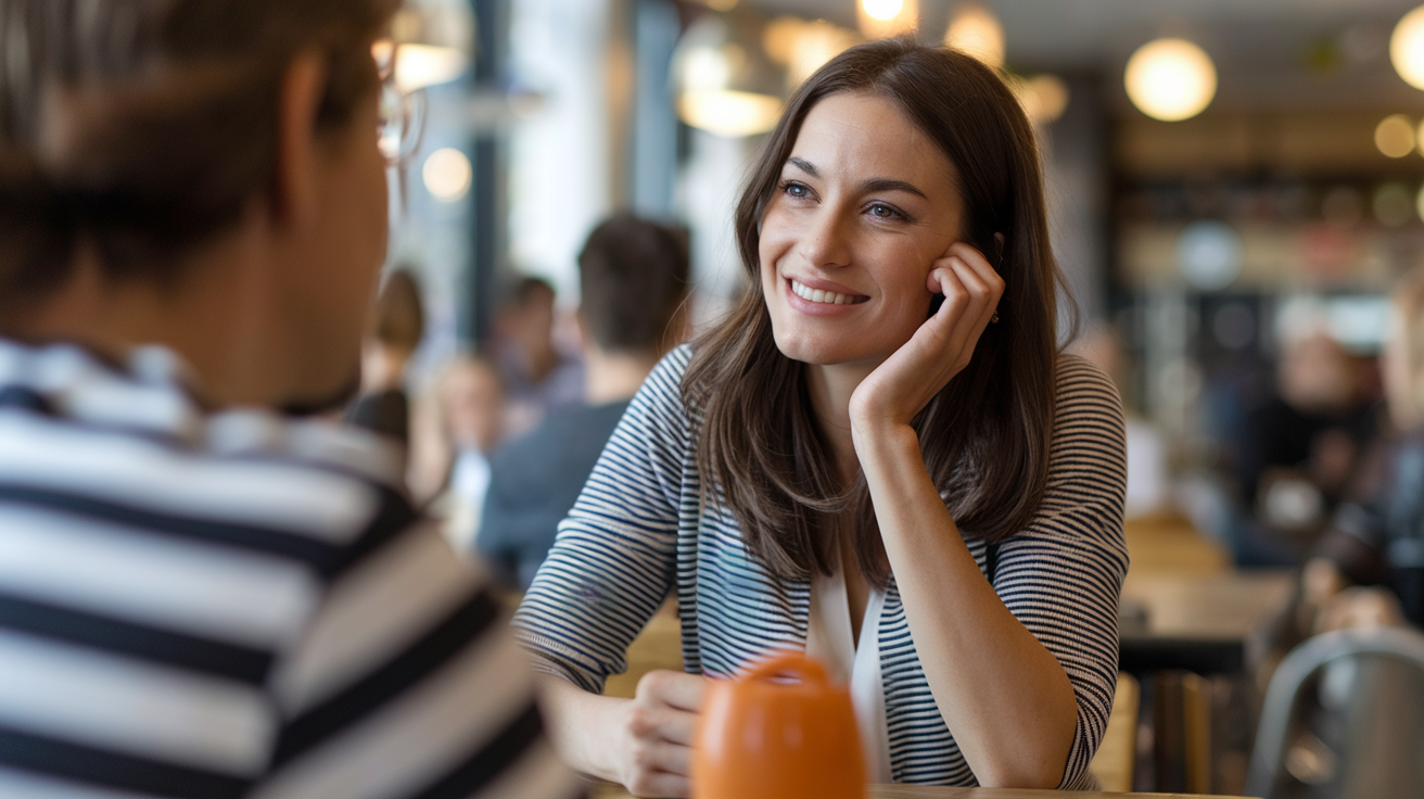 Person meeting a date in a public café, emphasizing safety by choosing a secure environment