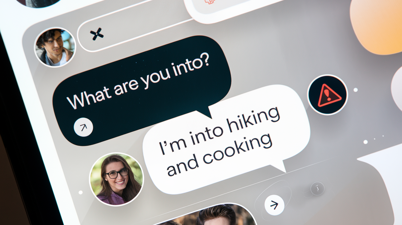 Dating app chat screen with conversation, highlighting red flags and safety tips for communication.