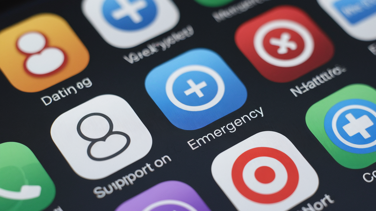 Emergency contacts and support options on a phone, emphasizing safety resources for dating app users.