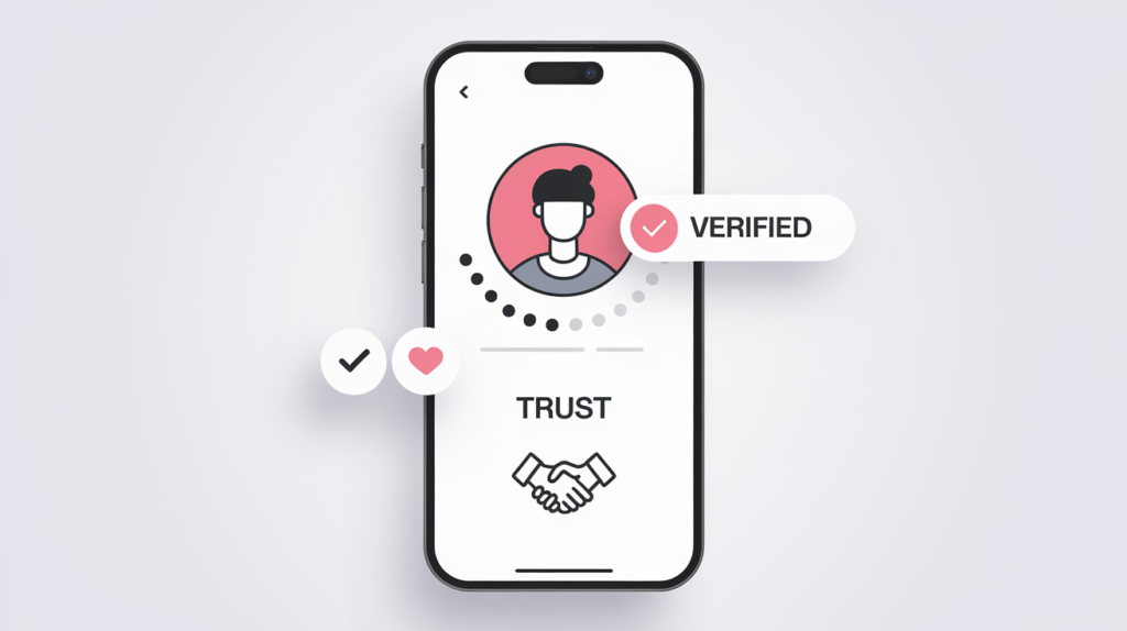 Verified profile screen on a smartphone with a trust icon, symbolizing trust in verified users.