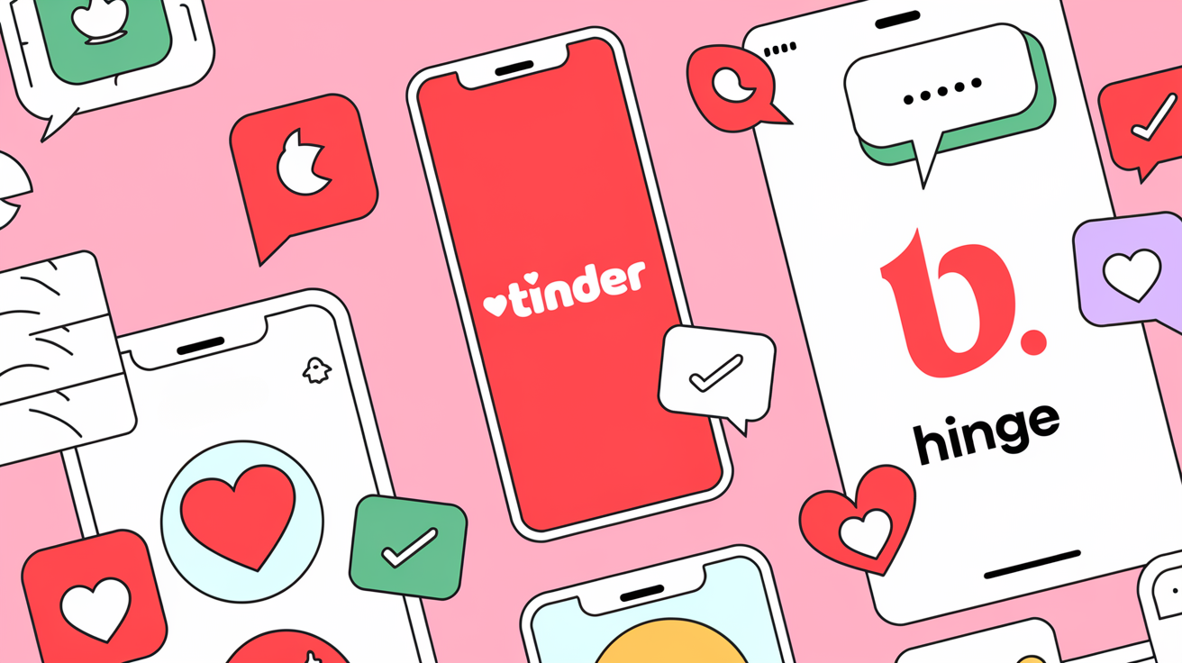 Collage of smartphones showing dating apps like Tinder, Bumble, and Aisle, surrounded by hearts and chat bubbles