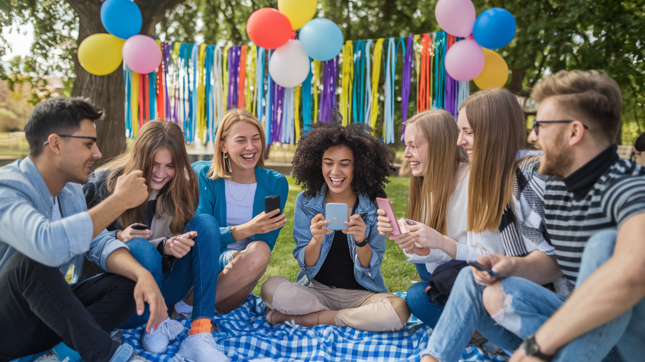 Group of friends playing icebreaker games on Tantan at a lively outdoor picnic.