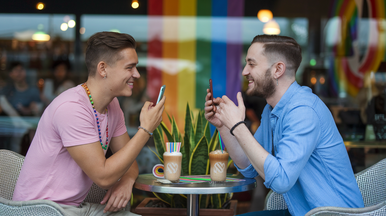 Two LGBTQ+ individuals chatting over coffee while using Grindr app, with rainbow-themed decor in the background