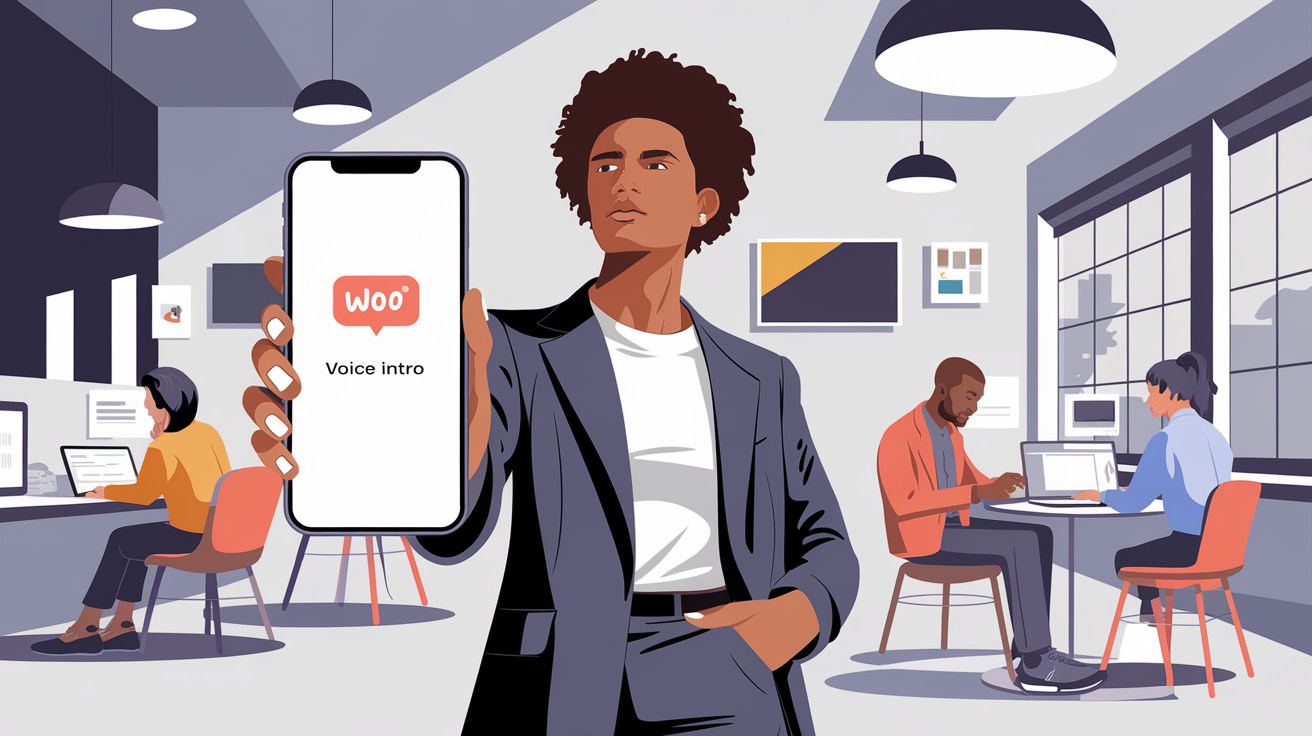 Young professional using Woo app with voice intro feature in a stylish coworking space